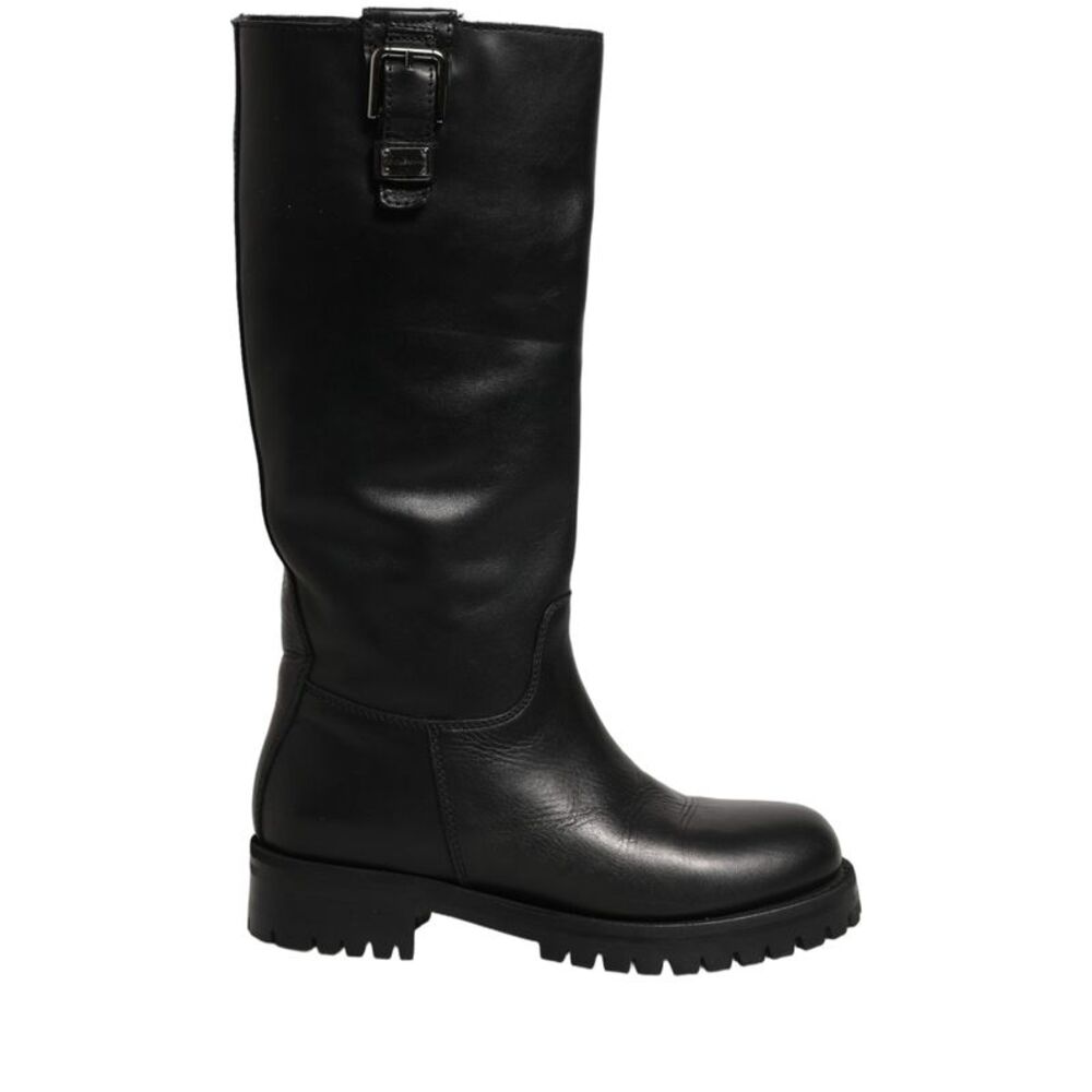 Dolce & Gabbana Black Leather Buckle Detail Mid Calf Boots Women's Shoes